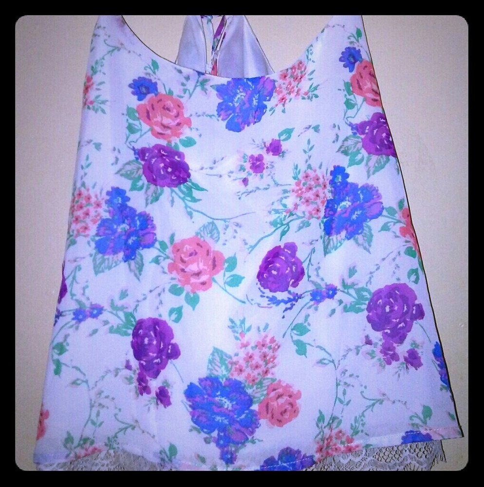 NWOT-SUMMER FLORAL SILK STRAPLESS TANK LACE BOTTOM